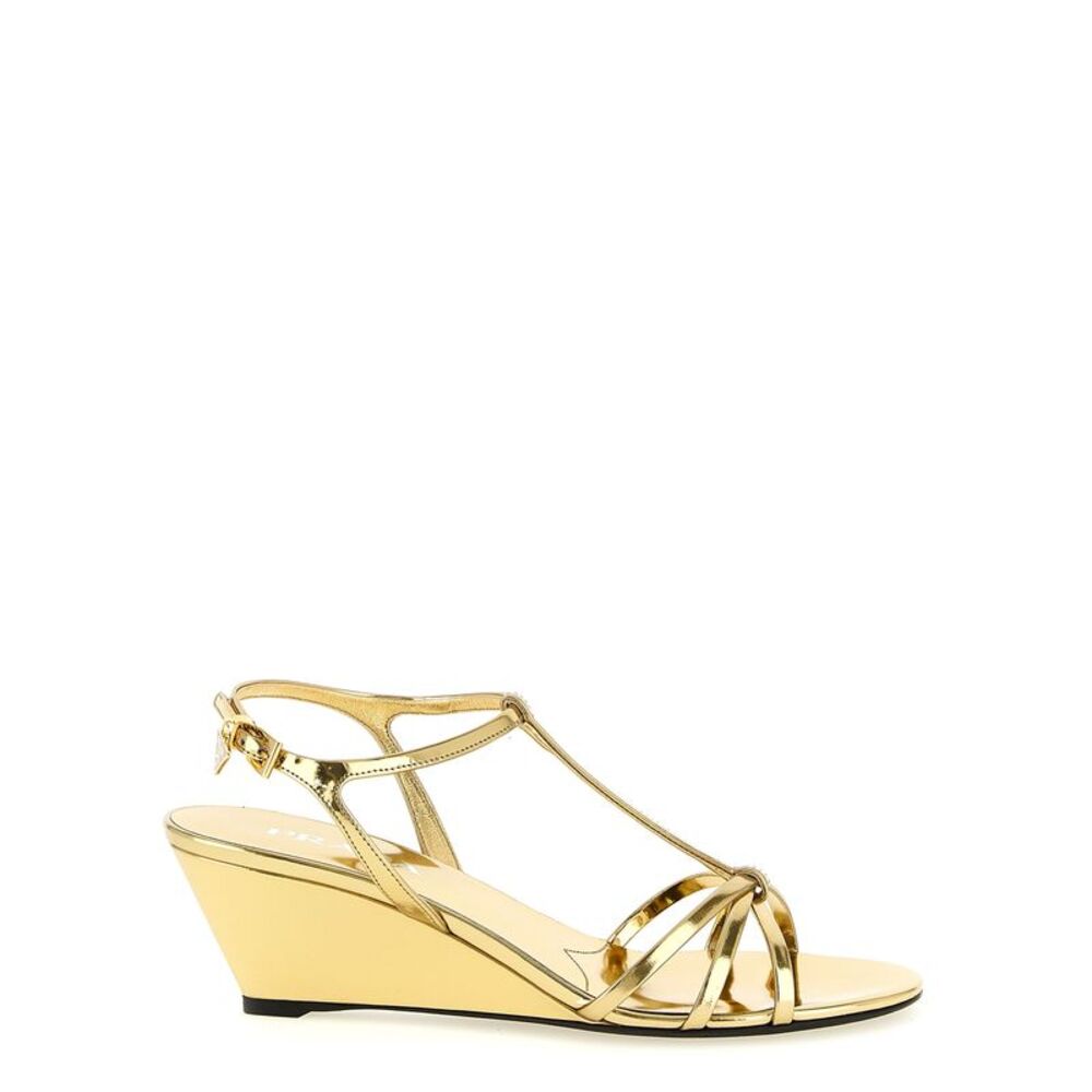 Prada Gold Calfskin Wedge Women's Sandals